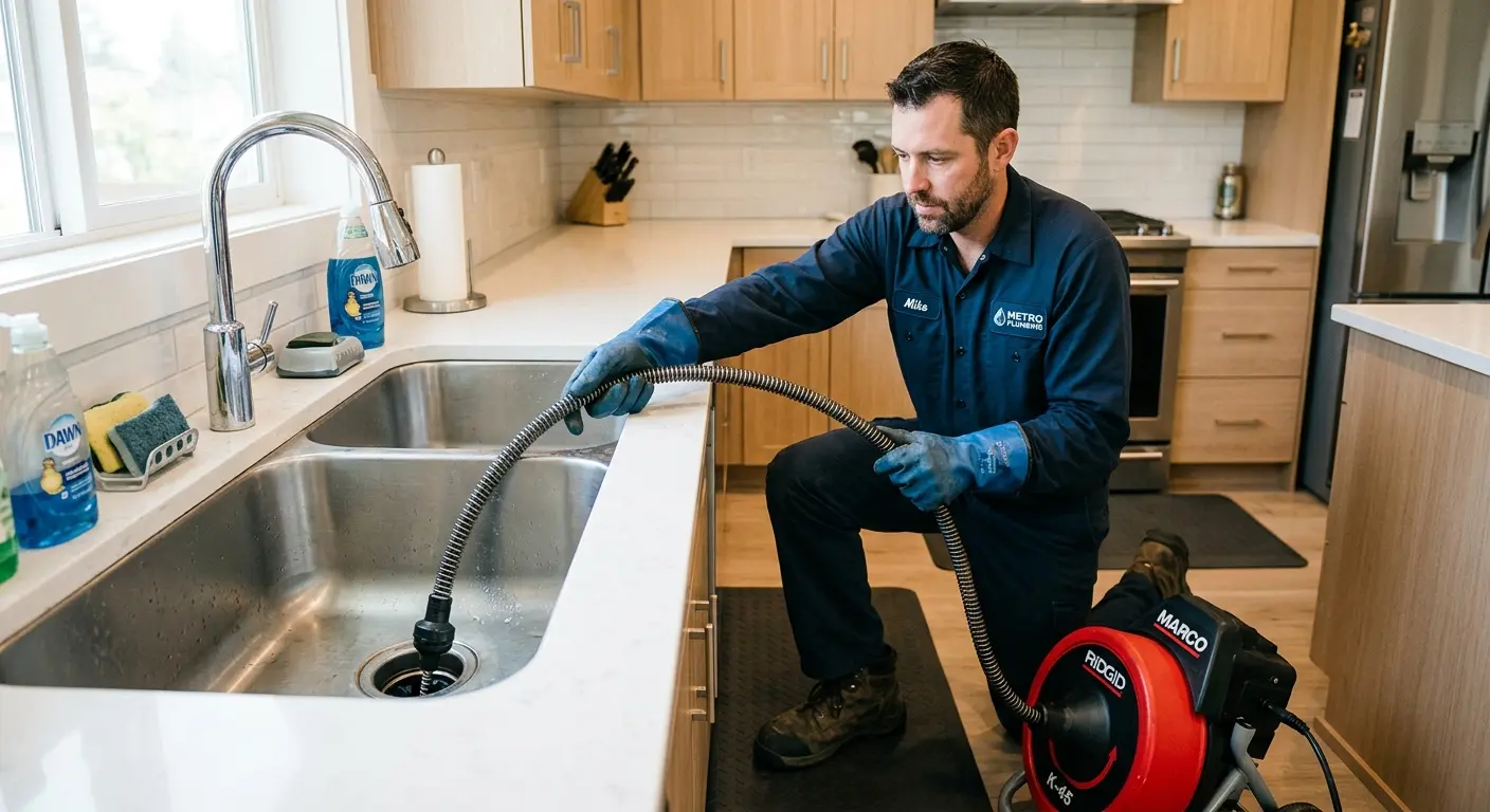 Drain cleaning technician using a motorized snake on a kitchen sink in South Elgin