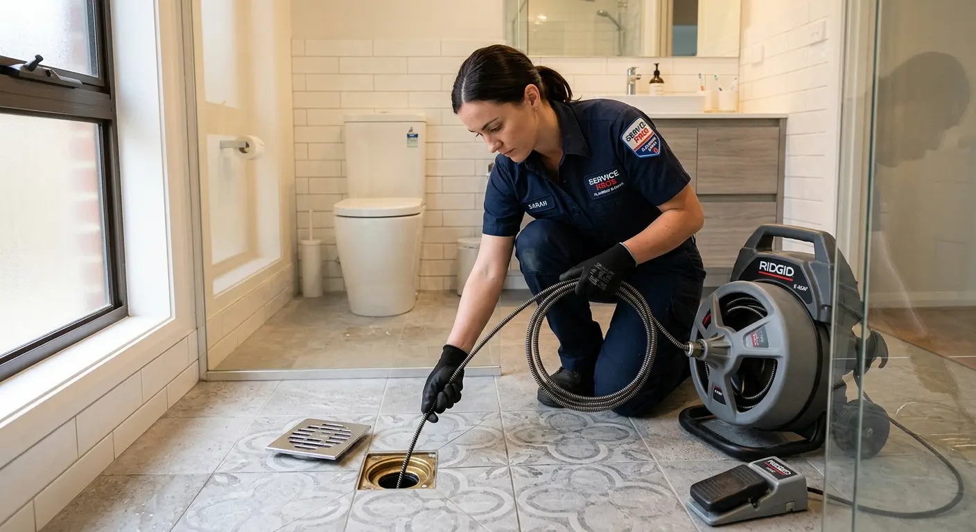 Technician clearing a bathroom floor drain for Drain Cleaning in South Elgin